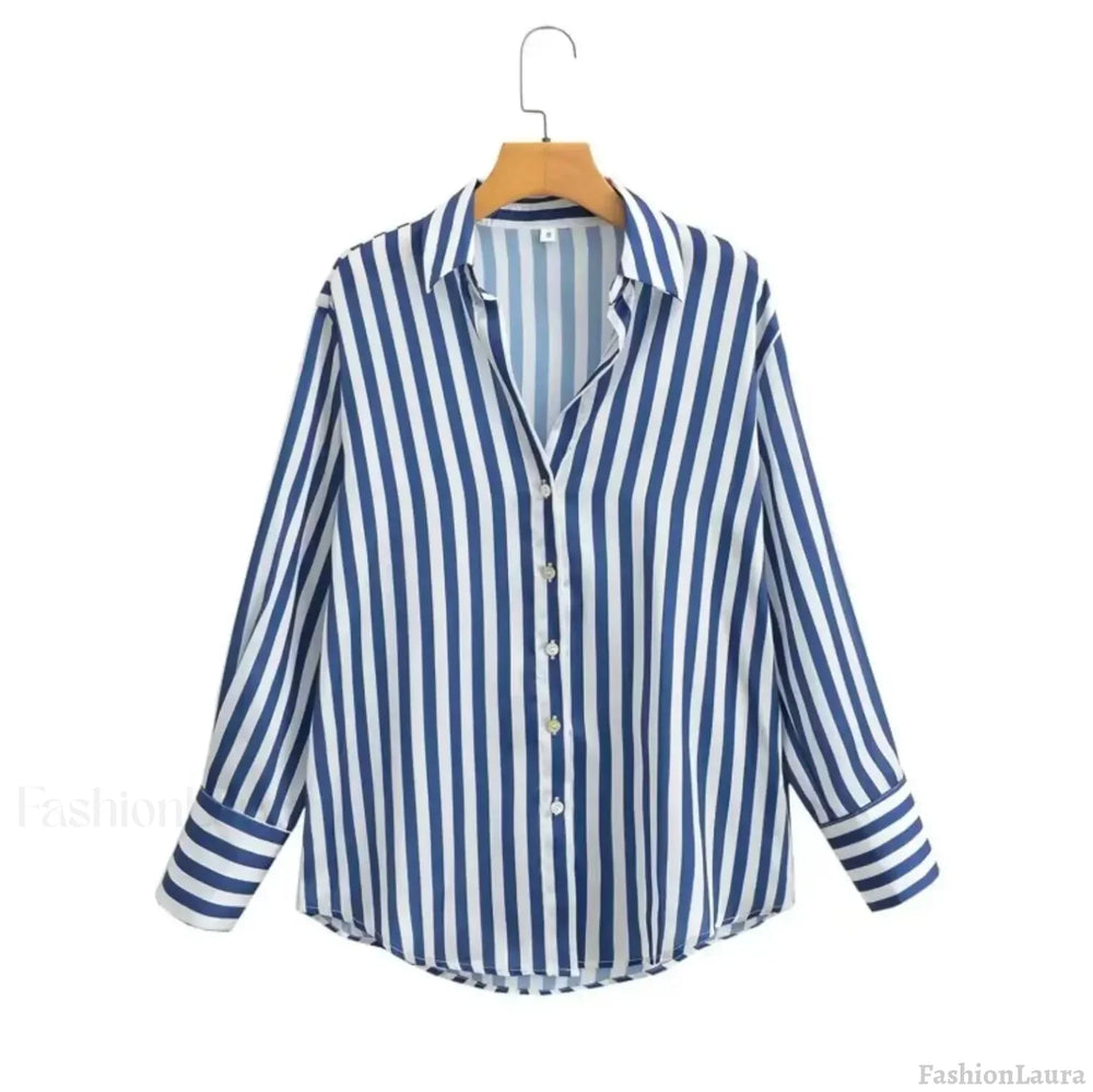 Autumn Lapel Blue White Striped Satin Single Breasted Loose Tops Blouse Blue / XS