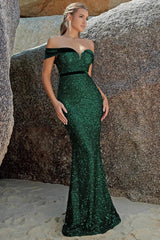 Sequin Off Shoulder Slit Formal Dress