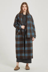Plaid Wool Scarf Attached Relaxed Overcoat