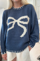 Bow Jacquard Knit Pullover Sweater Blue / S