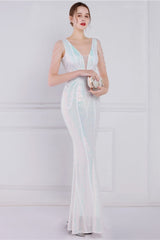 Beaded Floral Sequin Mermaid Party Dress White / S