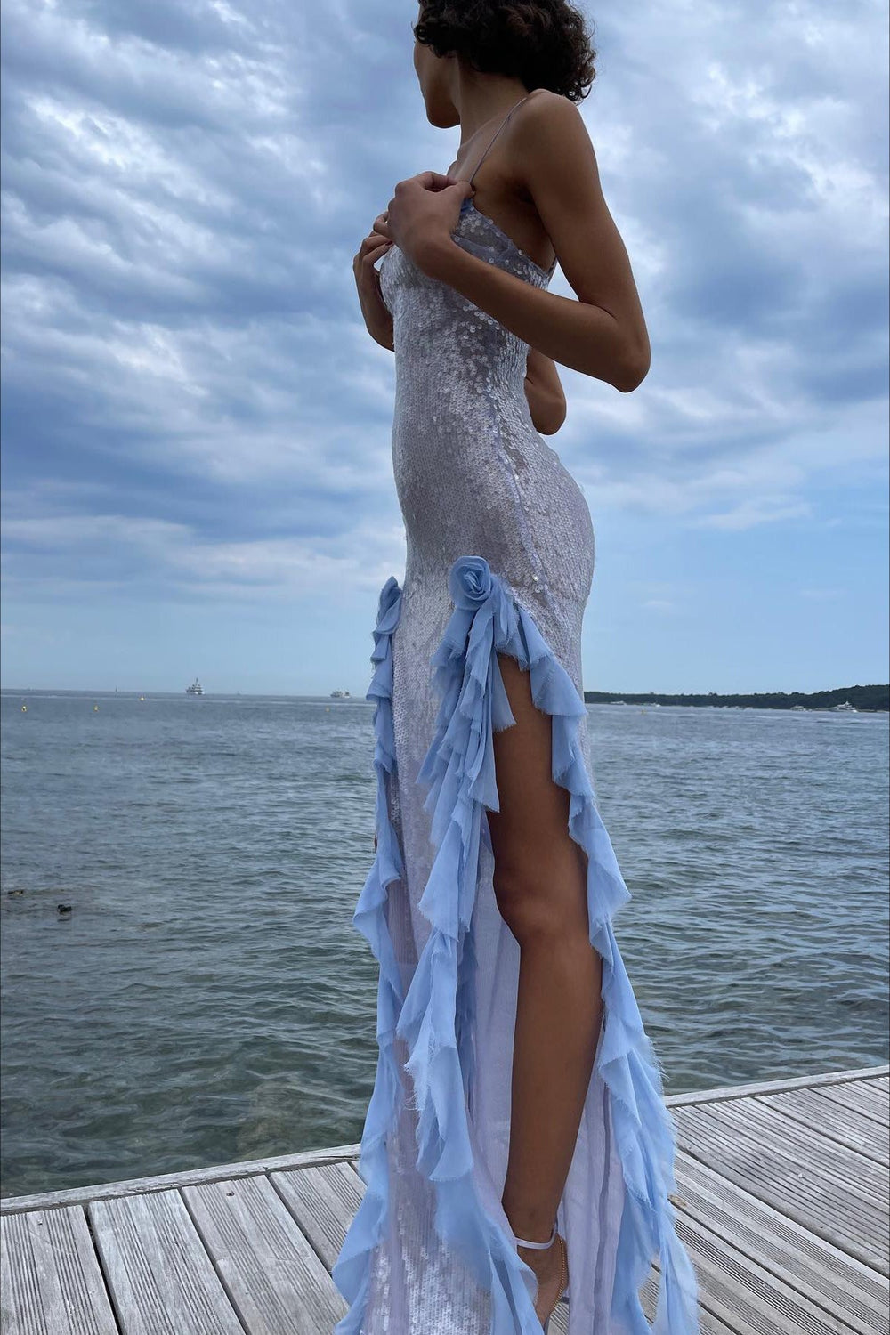 Sexy Sequin Sheer Ruffle Maxi Dress