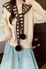 Striped Shawl Collar Pom Pom Solid Sweater