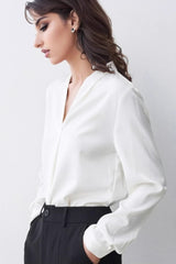 V Neck Satin Long Sleeve Blouse