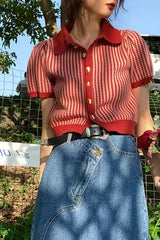 Thin Knit Turn down Collar Short Sleeve Cardigan