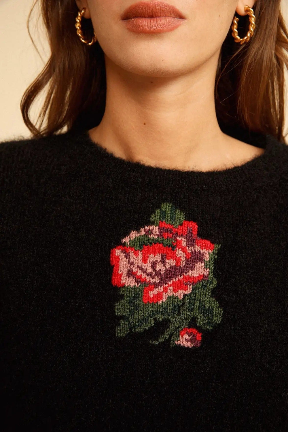 Embroidered Rose Knit Sweater Dress