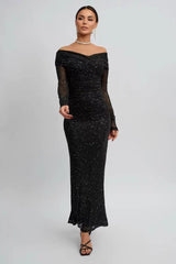 Strapless Mesh Long Sleeve Maxi Party Dress Black / S