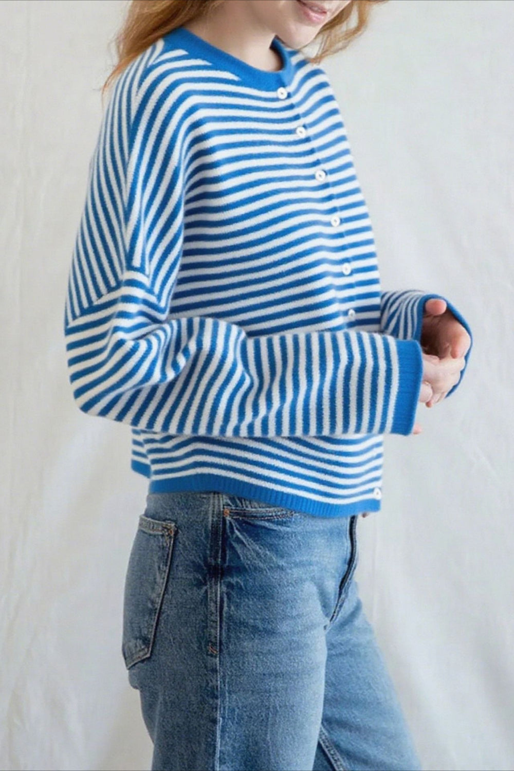 Striped Knit Round Neck Cardigan S / Blue