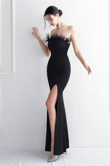 Elegant Feather Trim Strapless Formal Dress