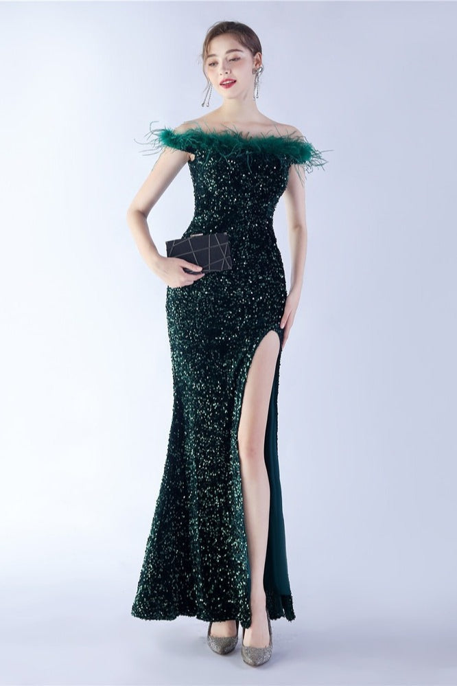 Velvet Sequin Ostrich Feather Off Shoulder Formal Dress