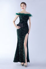 Velvet Sequin Ostrich Feather Off Shoulder Formal Dress