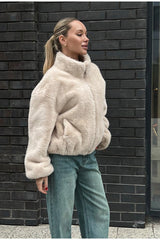Stand Collar Faux Fur Cropped Jacket