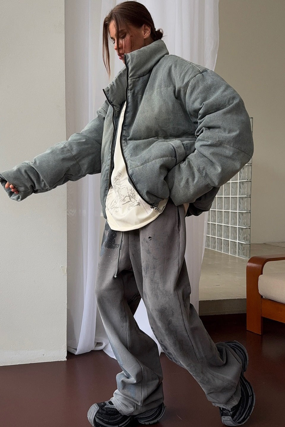 Washed Denim Stand Collar Puffer Jacket