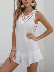 Backless Hollow Out Boho Dress White / S