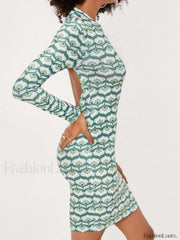 Backless Printed Long Sleeve Midi Dress Midi Dresses