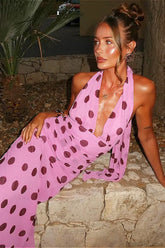 Backless Tie Waist Polka Dot Maxi Dress