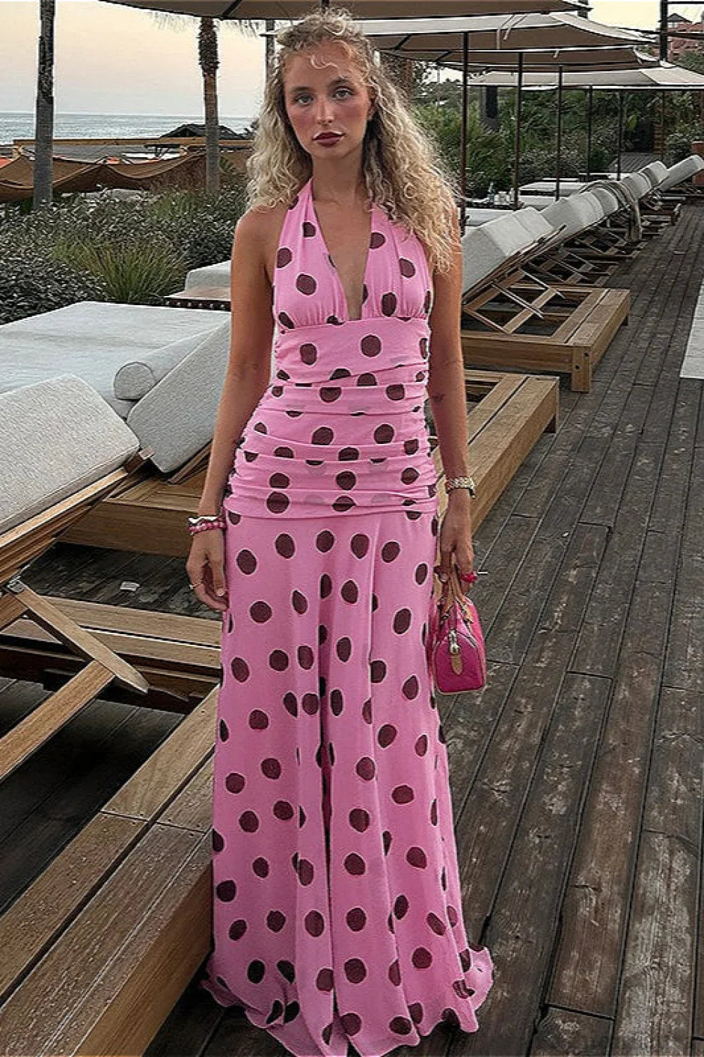 Backless Tie Waist Polka Dot Maxi Dress Pink / S