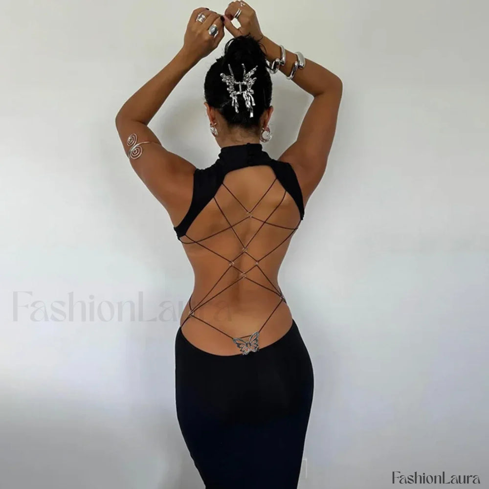 Bandage Butterfly Backless Maxi Dress Black / S