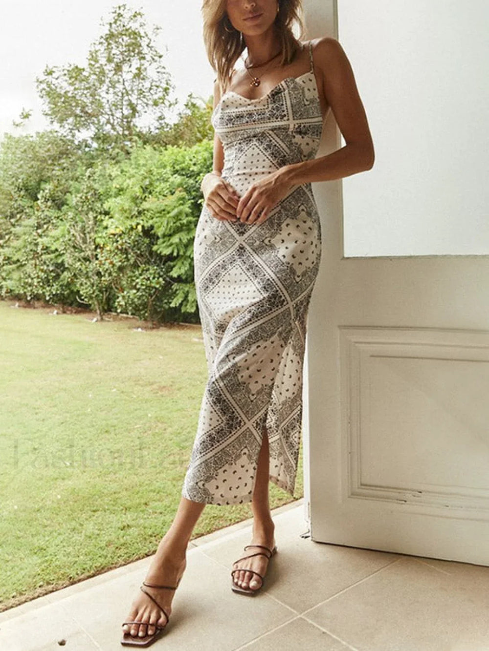 Bandana Print Slit Midi Dress Midi Dresses