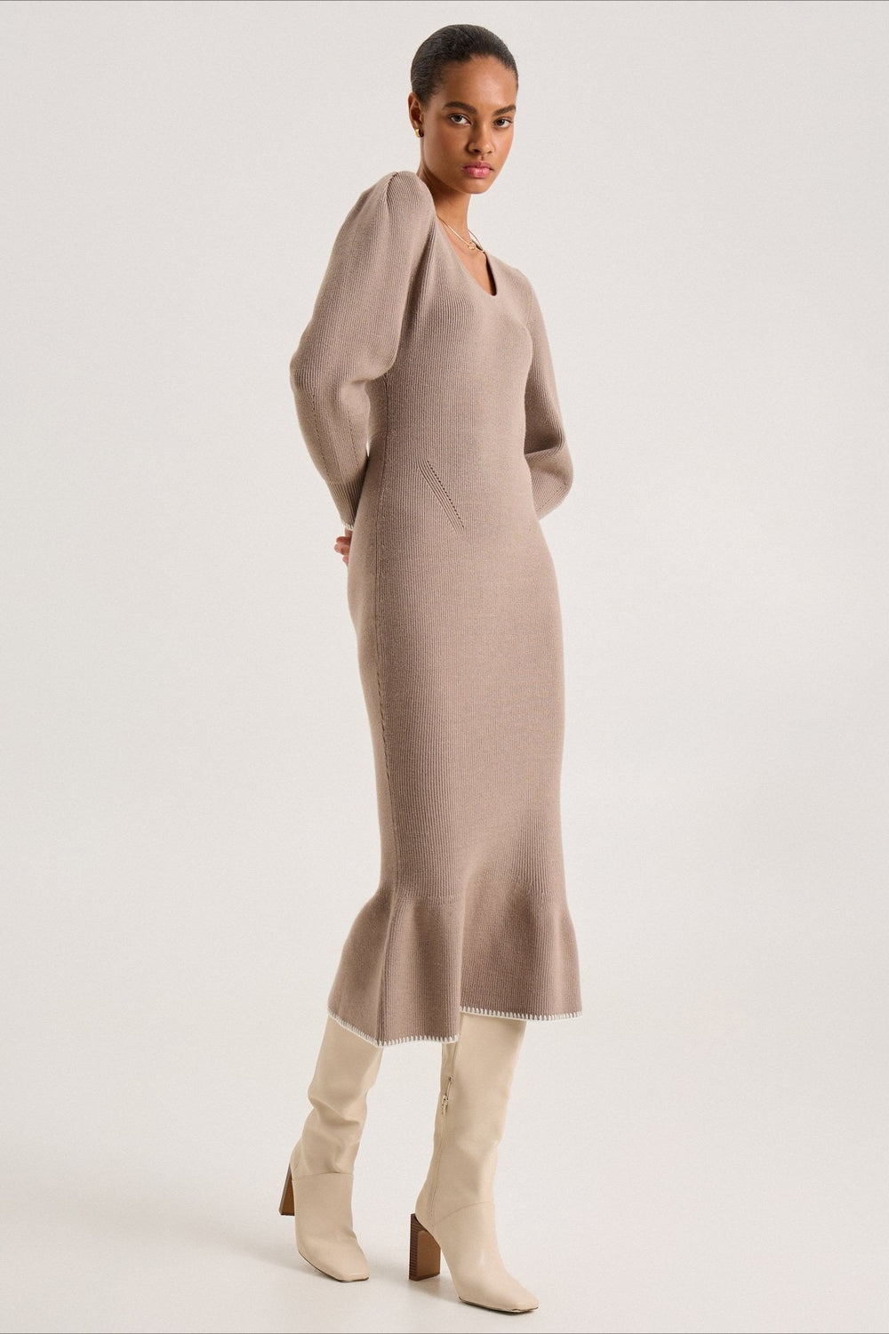 Contrast Trim Ruffle Sweater Dress