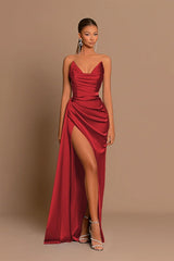Satin Deep V Corset Slit Formal Dress XS / Red