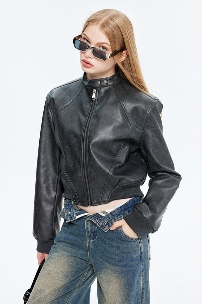 PU Leather Zip Up Bomber Jacket