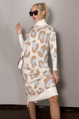 Leopard Print Turtleneck Sweater Dress Ivory / One Size
