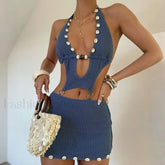 Beaded Knit Metal Ring Mini Dress Blue / S