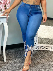 Beading Mid Waist Skinny Jeans Jeans