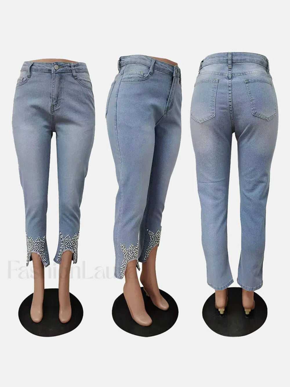 Beading Mid Waist Skinny Jeans Jeans