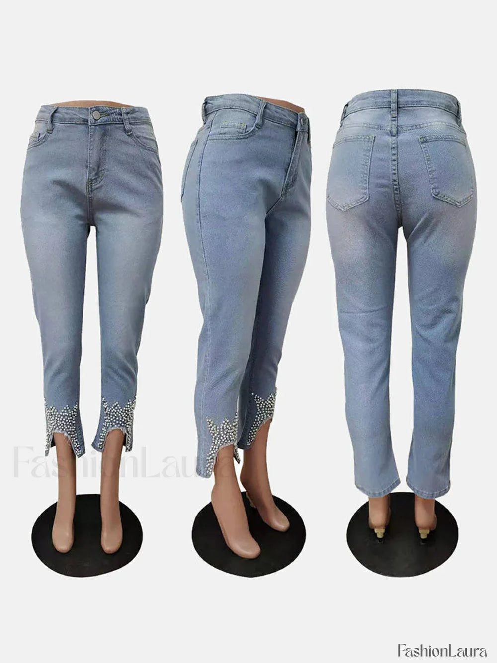 Beading Mid Waist Skinny Jeans Jeans