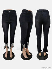 Beading Mid Waist Skinny Jeans Jeans