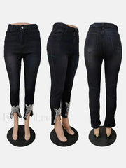 Beading Mid Waist Skinny Jeans Jeans
