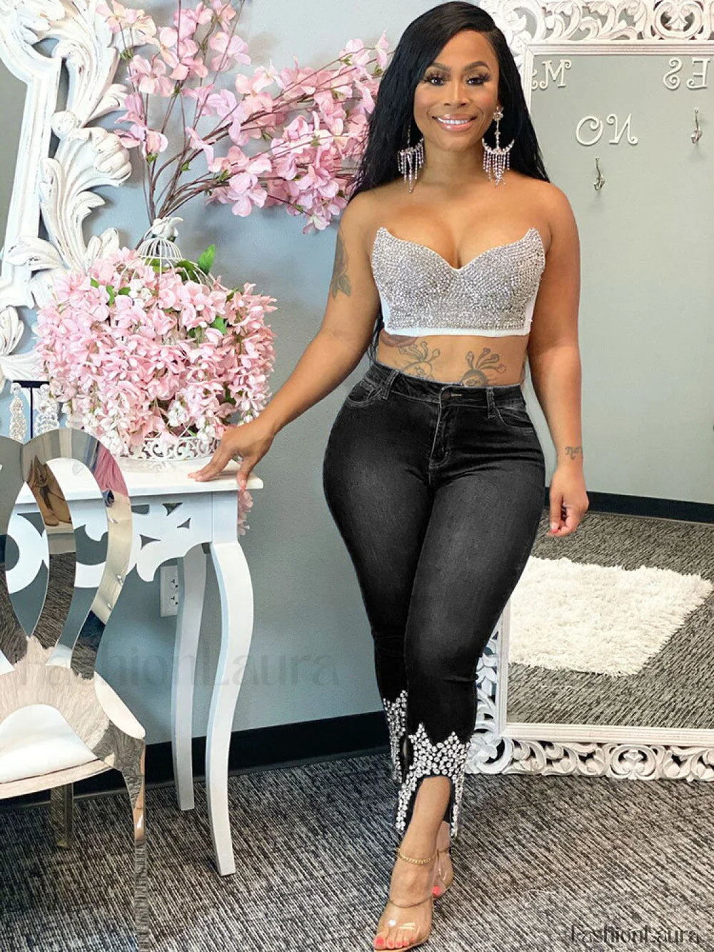 Beading Mid Waist Skinny Jeans Black / M Jeans