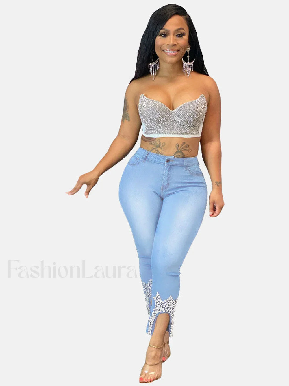 Beading Mid Waist Skinny Jeans Light Blue / M Jeans