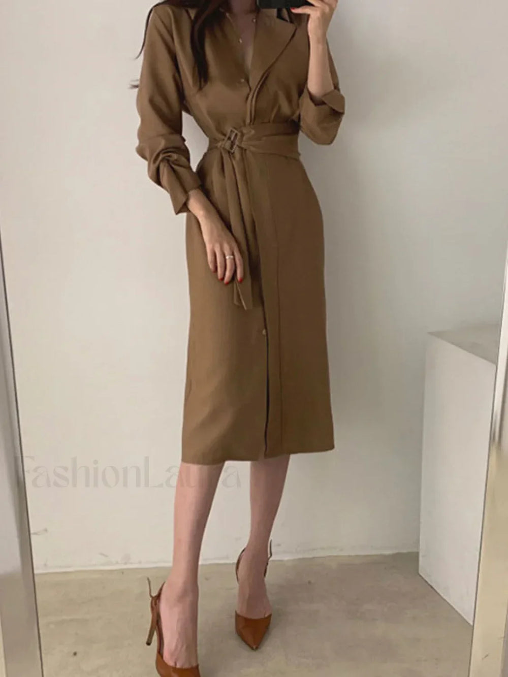 Belted Long Sleeve Shirt Midi Dress Midi Dresses