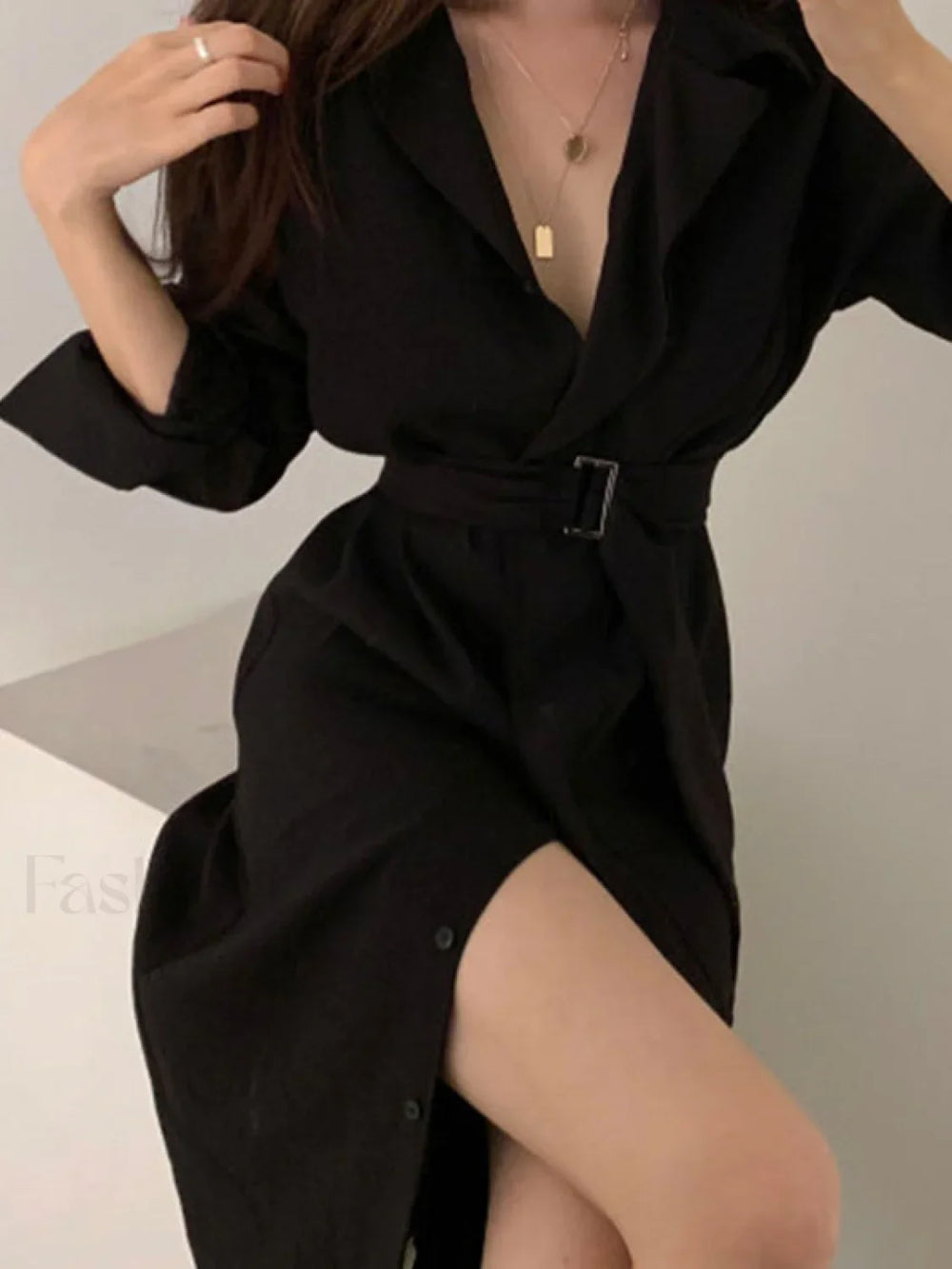 Belted Long Sleeve Shirt Midi Dress Midi Dresses