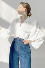 V Neck Lantern Sleeve Slim Blouse