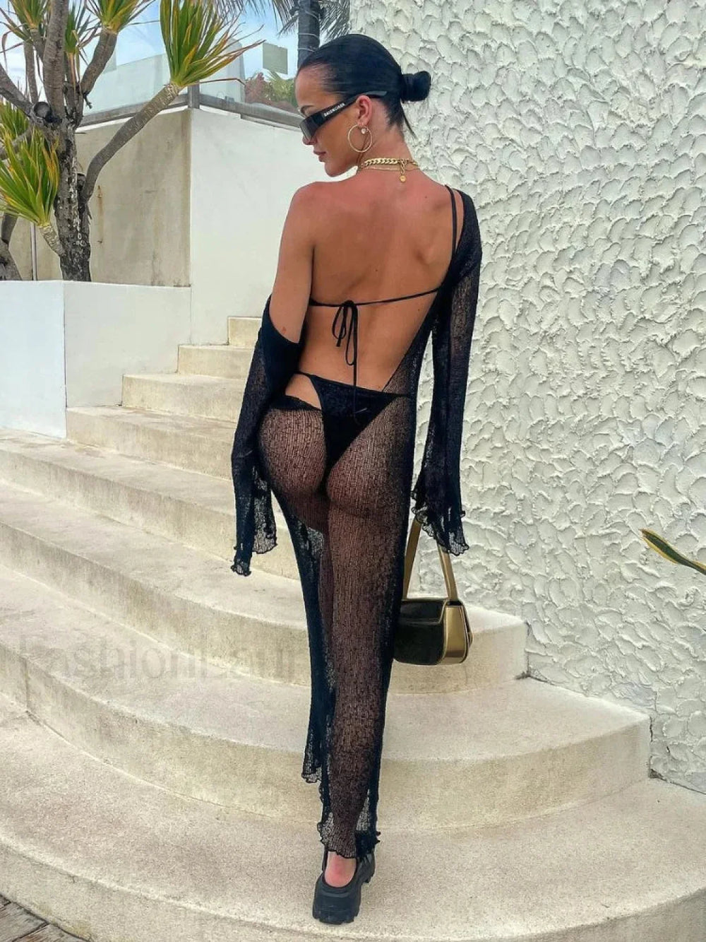 Black Knitted Sexy Backless Slim Long Sleeve Maxi Dress