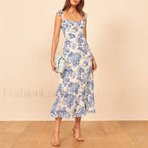 Blue Floral Tie Strap Midi Dress Blue / S