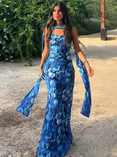 Blue Lace Up Maxi Floral Dress