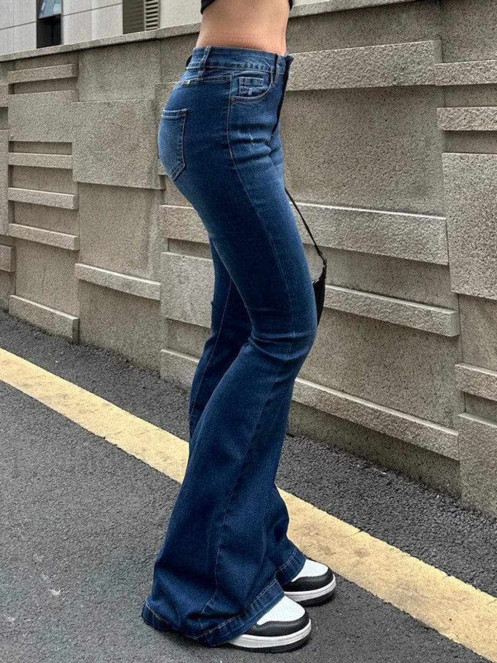 Blue Wash Distressed Stretch Flare Jeans Flare Jeans