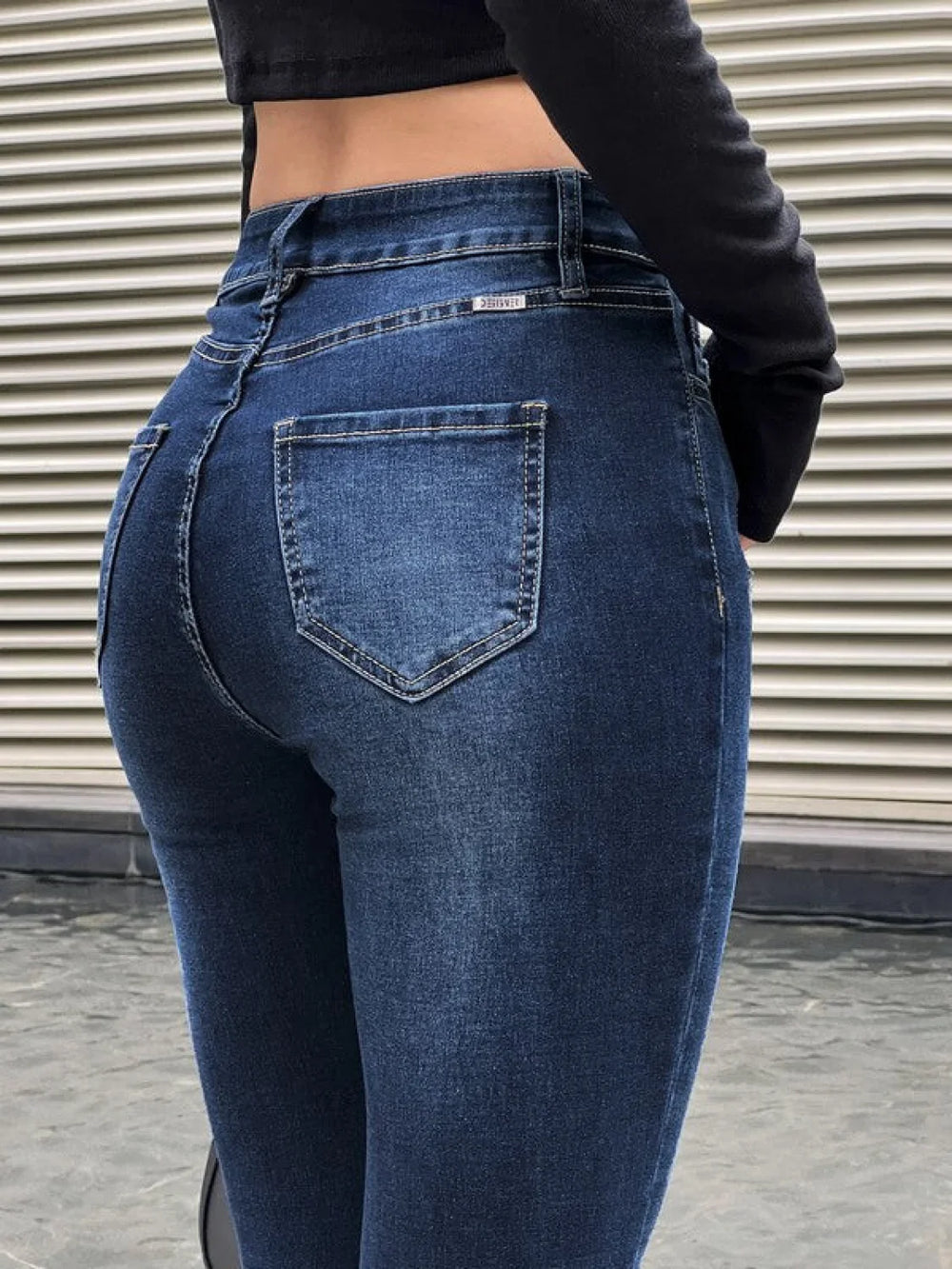 Blue Wash Distressed Stretch Flare Jeans Flare Jeans