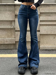 Blue Wash Distressed Stretch Flare Jeans Blue / S Flare Jeans