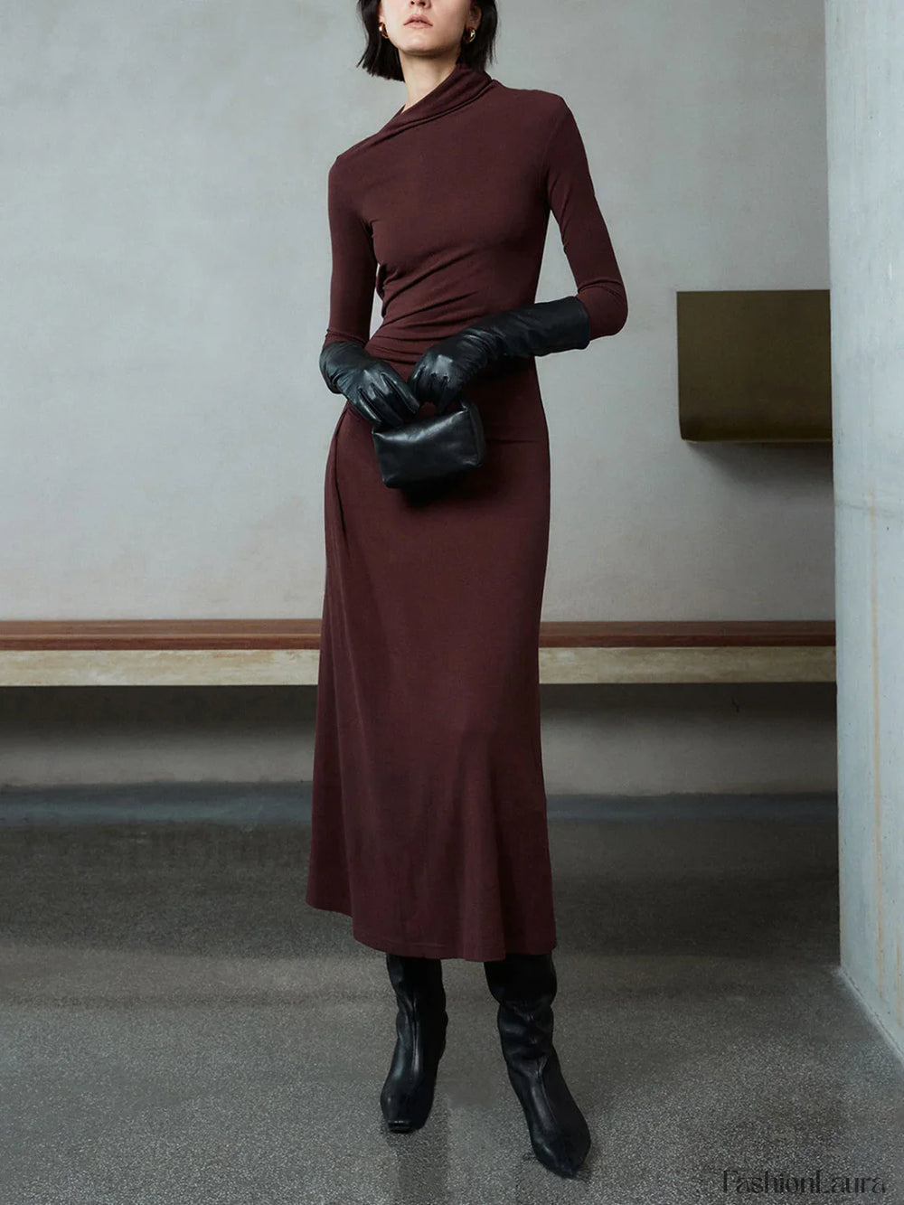 Bodycon Asymmetrical Neck Long Modern Sleeve Ruched Maxi Dress Dresses