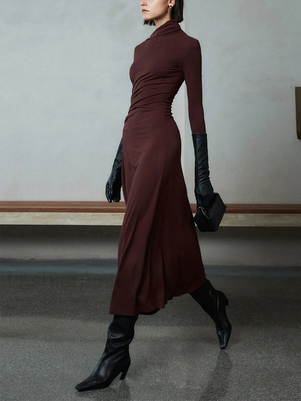 Bodycon Asymmetrical Neck Long Modern Sleeve Ruched Maxi Dress Dresses