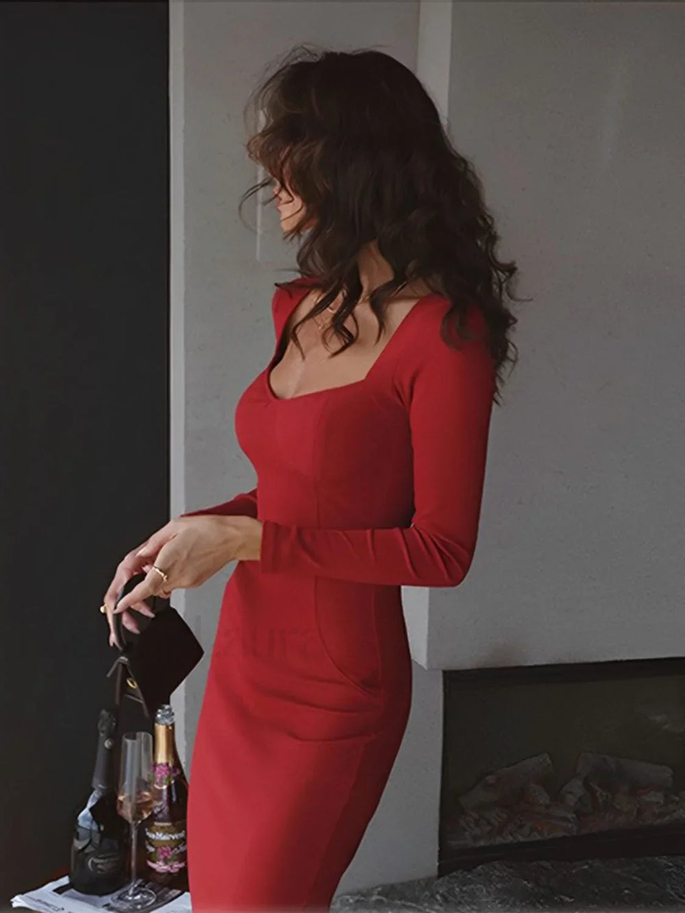 Bodycon Low Cut Square Modern Neck Long Sleeve Midi Dress Dresses