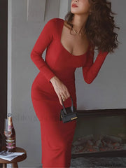 Bodycon Low Cut Square Modern Neck Long Sleeve Midi Dress Dresses