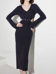 Bodycon V neck Cut Out Patchwork Button Sophisticated Detail Slit Long Sleeve Sweater Dress Grey / S Sweaters L