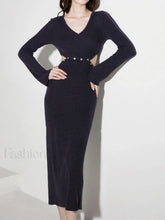 Bodycon V neck Cut Out Patchwork Button Sophisticated Detail Slit Long Sleeve Sweater Dress Grey / S Sweaters L